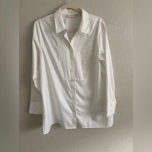 Chico’s No Iron Pleated Detail White Button Up Collared Long Sleeve Top Size 2